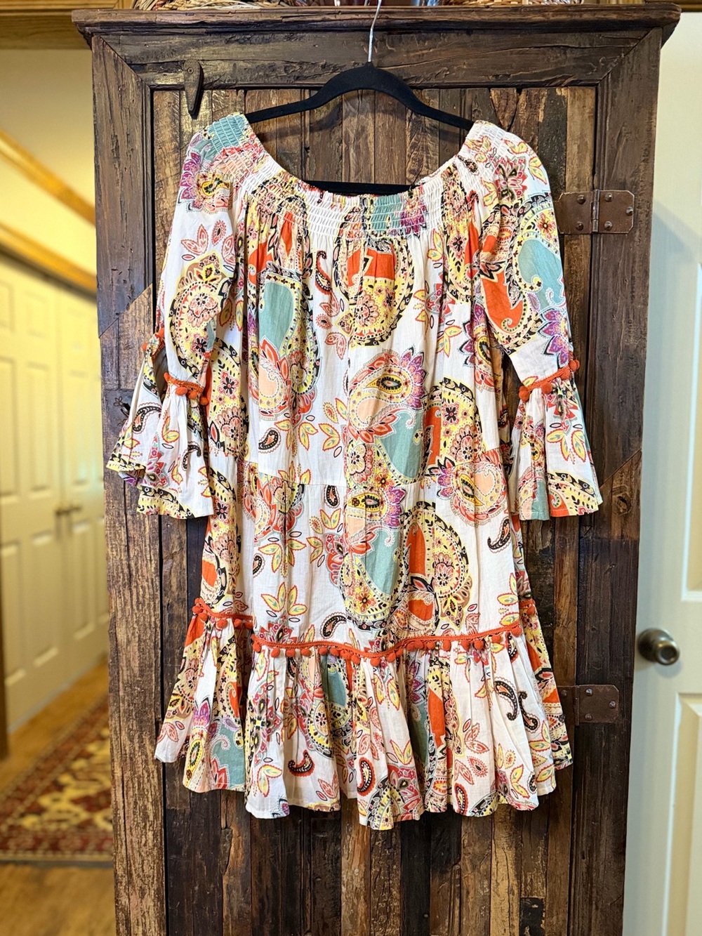True Destinations L Boho Paisley Mini Dress/Tunic Bell Sleeve Pom Pom Cotton